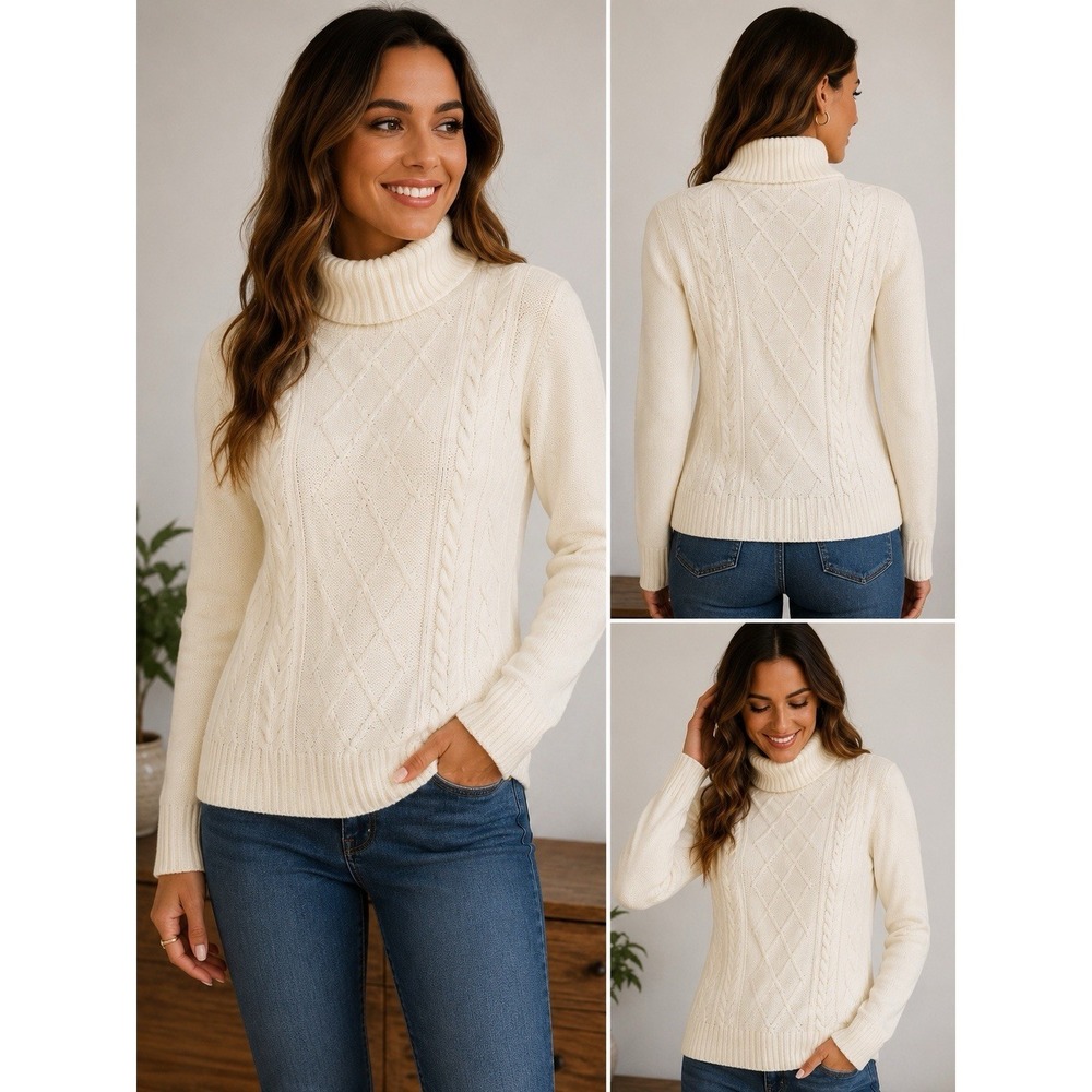 Eva Mendes Cable Knit Turtleneck Pullover Sweater M Long Sleeve Ivory
